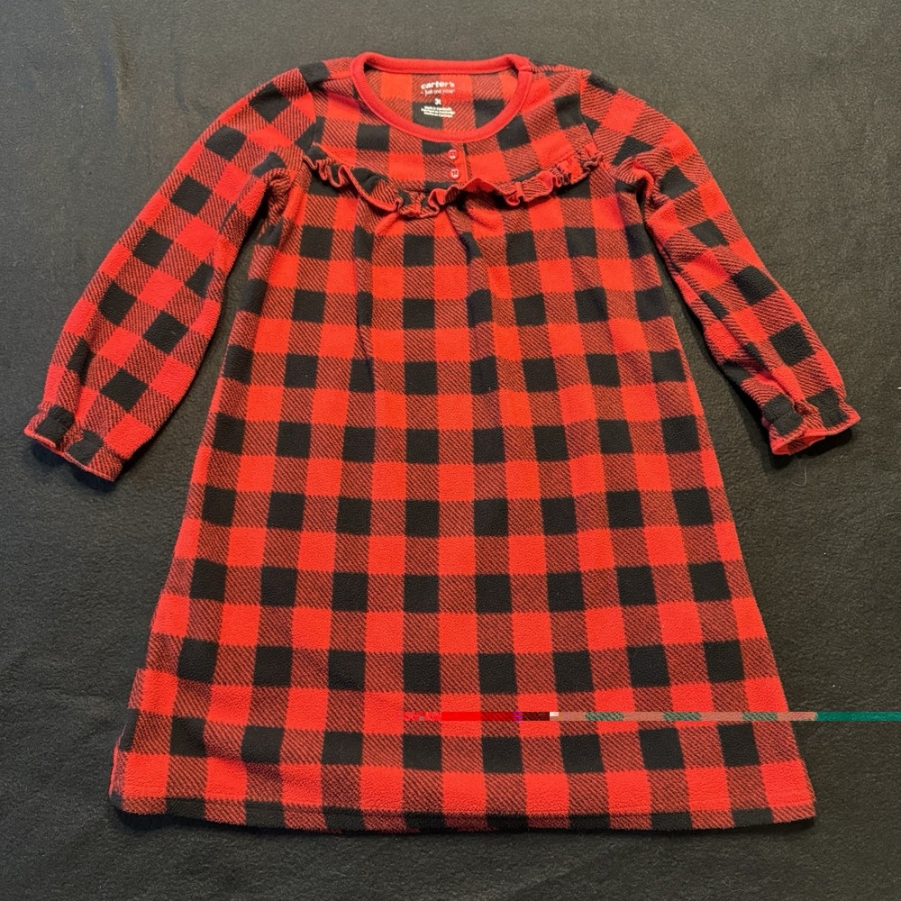 Carters Girls Flannel Nightgown 3T Red & Black Buffalo Checkered Ruffles Classic